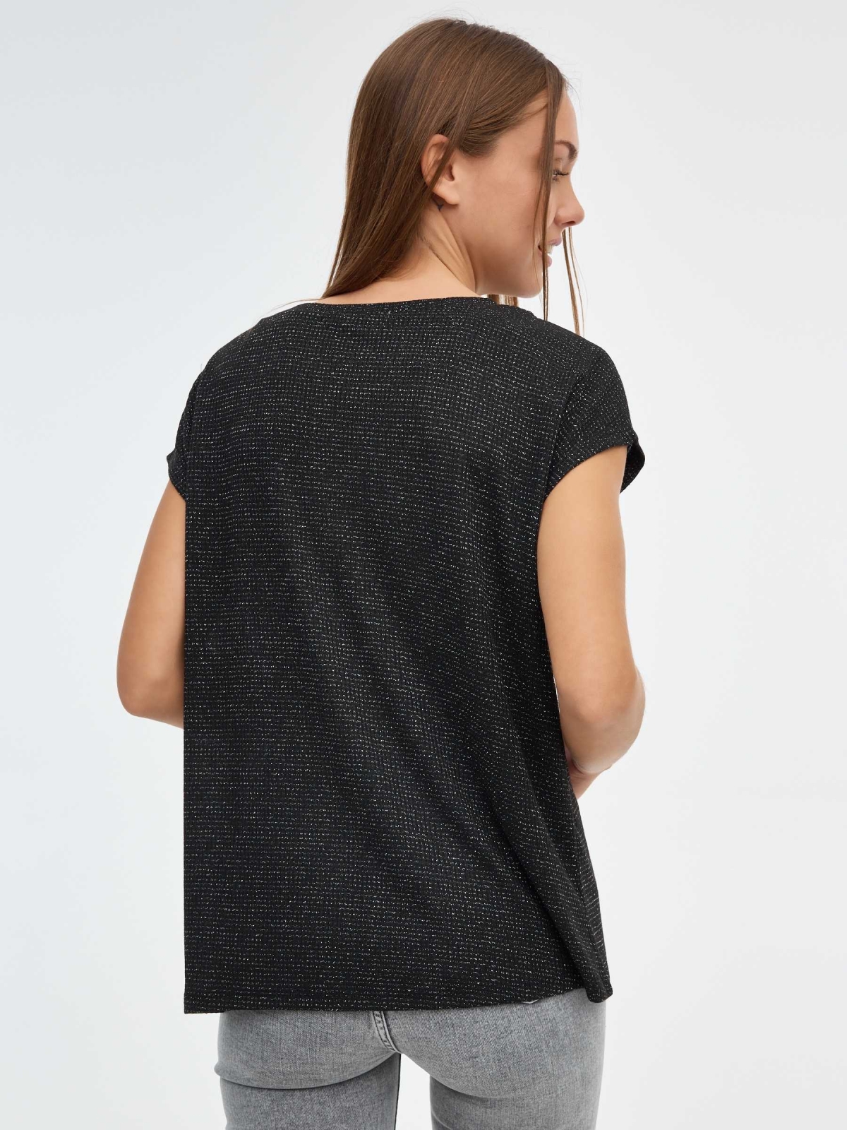T-shirt de tecido metálico preto vista meia traseira