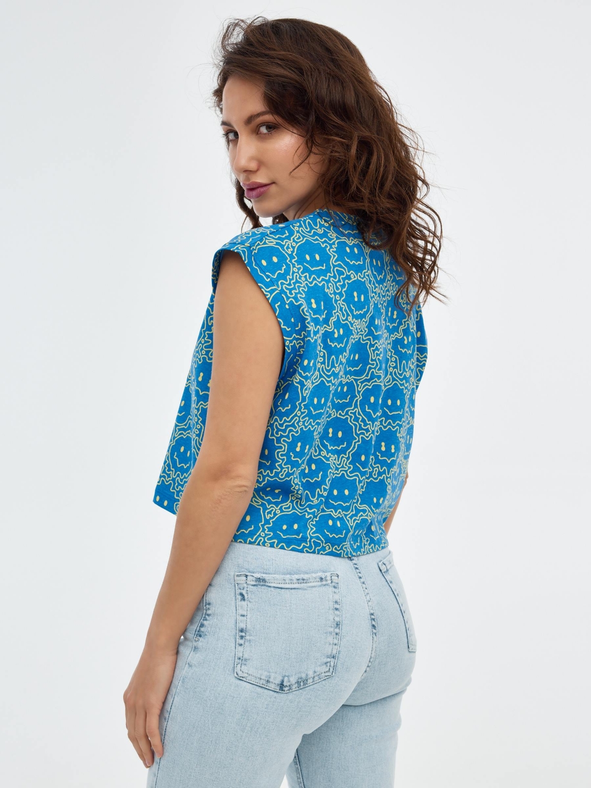 All over print t-shirt light blue middle back view