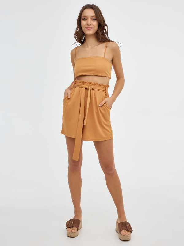 Fluid shorts with belt ochre front view