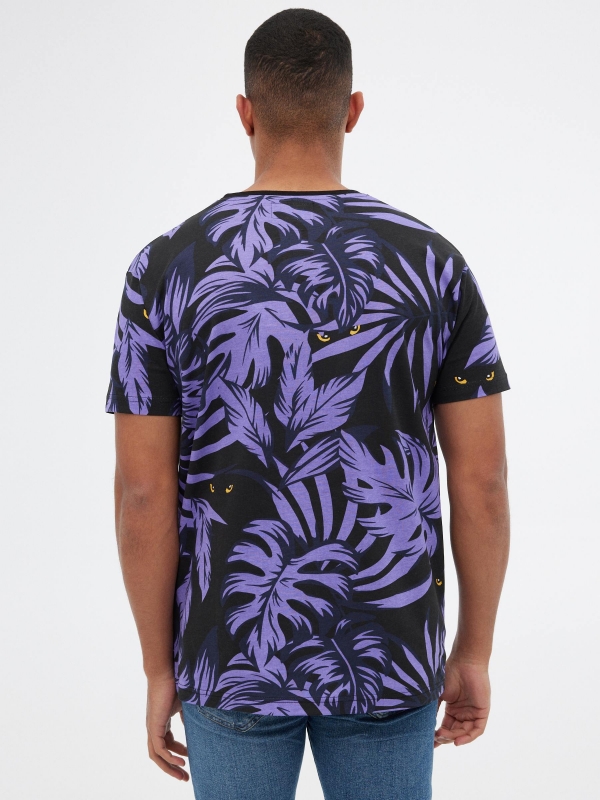 T-shirt tropical púrpura preto vista meia traseira