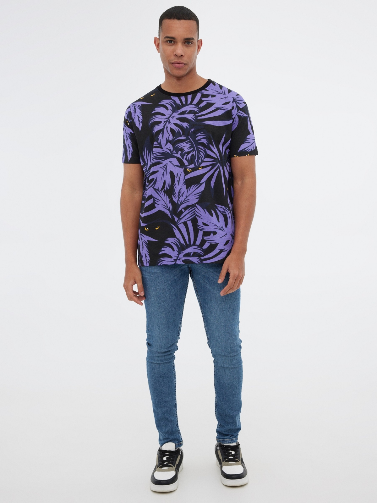 T-shirt tropical púrpura preto vista geral frontal