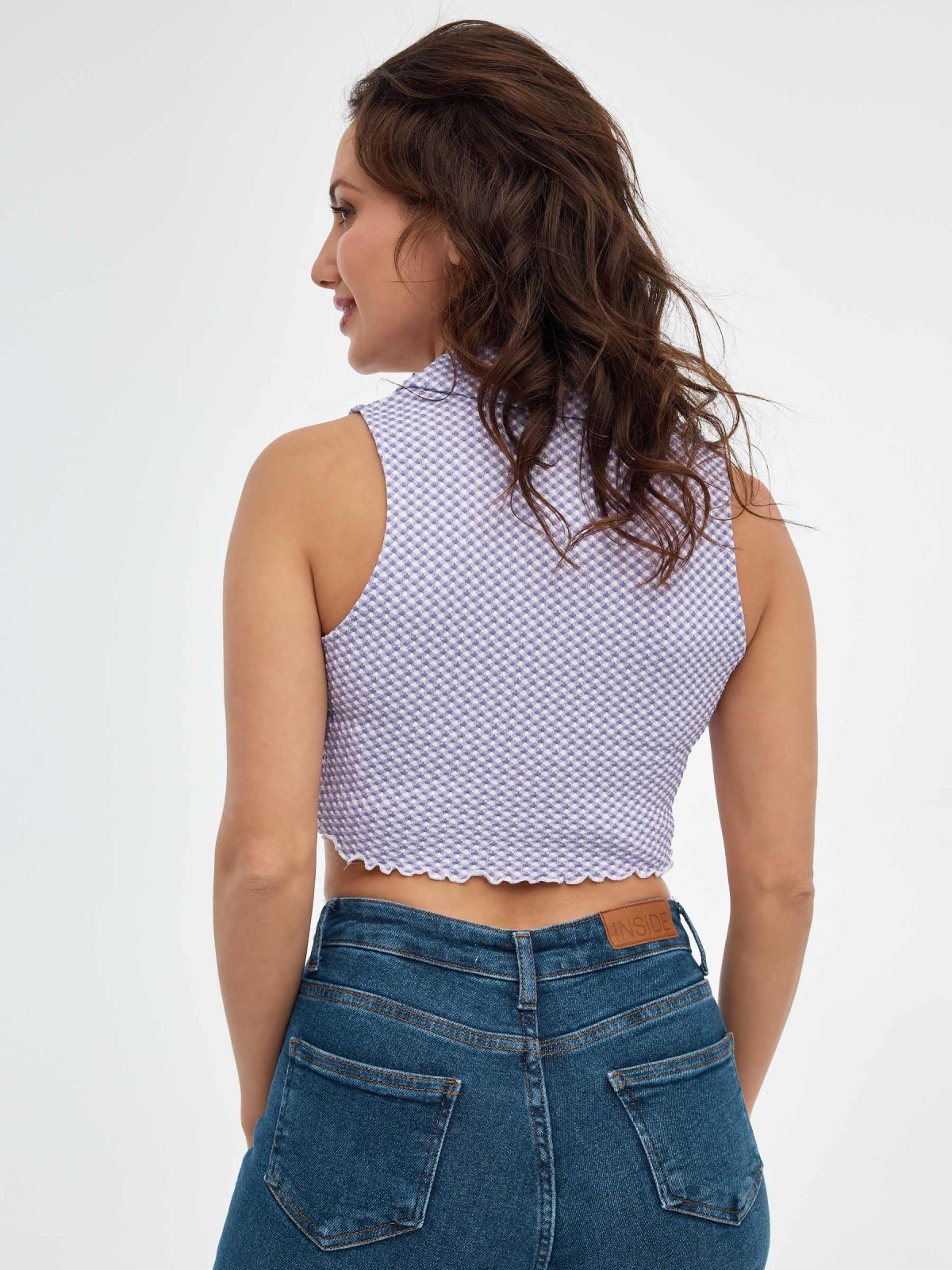 Sleeveless crop top mauve middle back view
