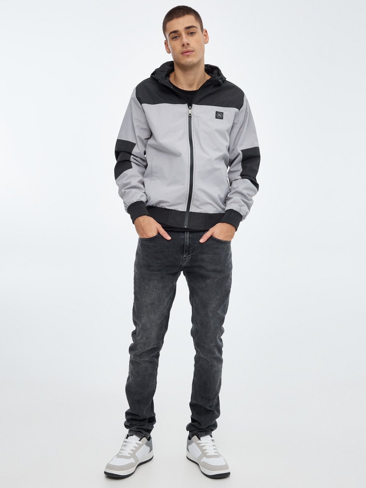 Lightweight hooded jacket grey front view