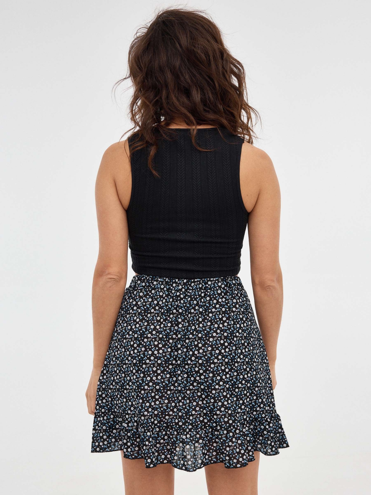 Ruffled wrap floral skirt black middle back view