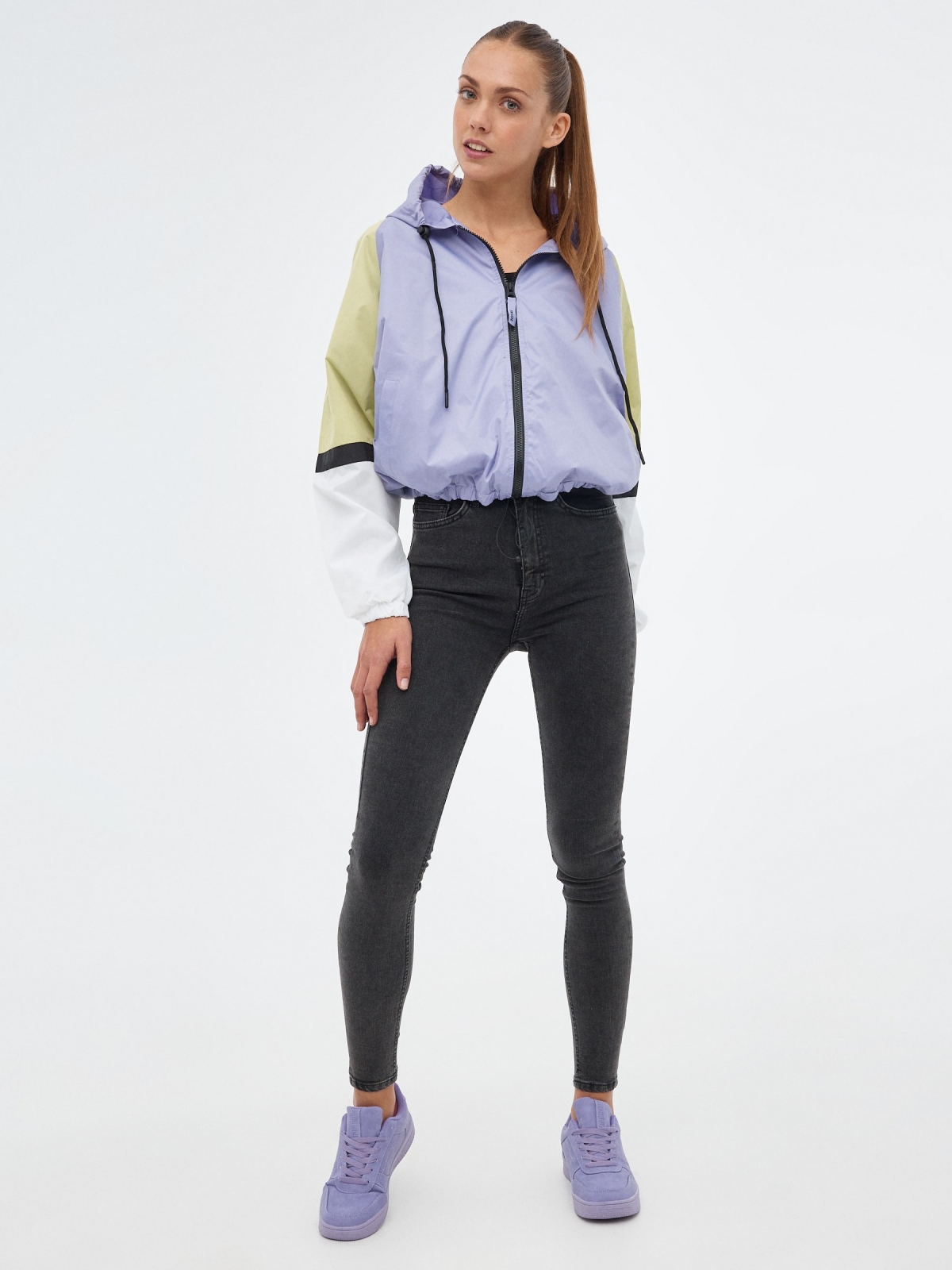 Lightweight color block jacket lilac front view