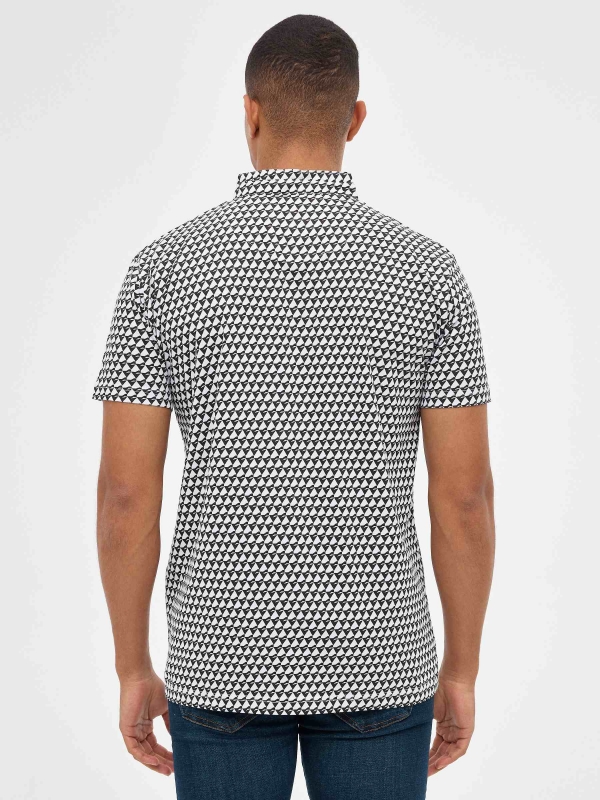 Blue geometric print polo shirt black middle back view
