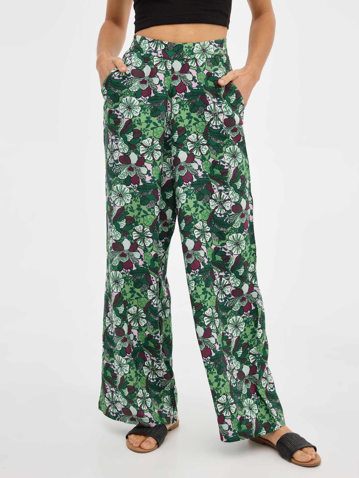 Printed fluid pants mint middle back view
