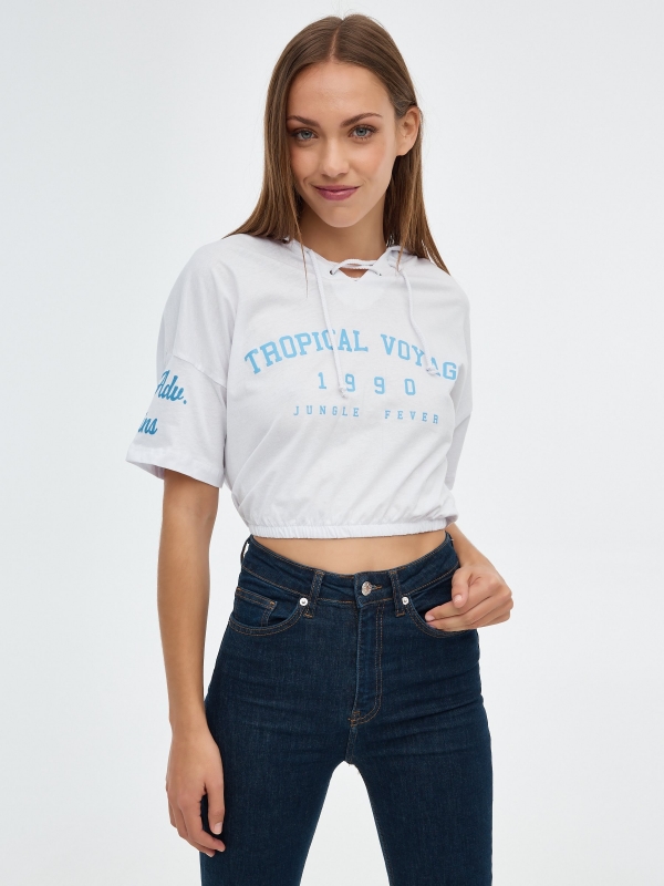 T-shirt com capuz para Tropical Voyage branco vista meia frontal