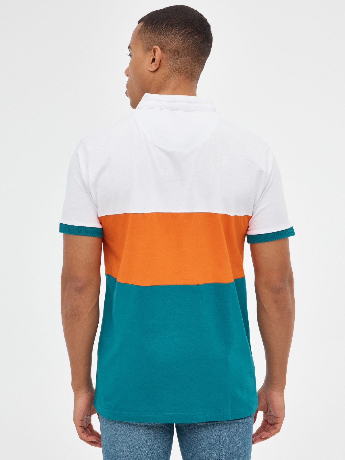 Color block polo shirt emerald middle back view