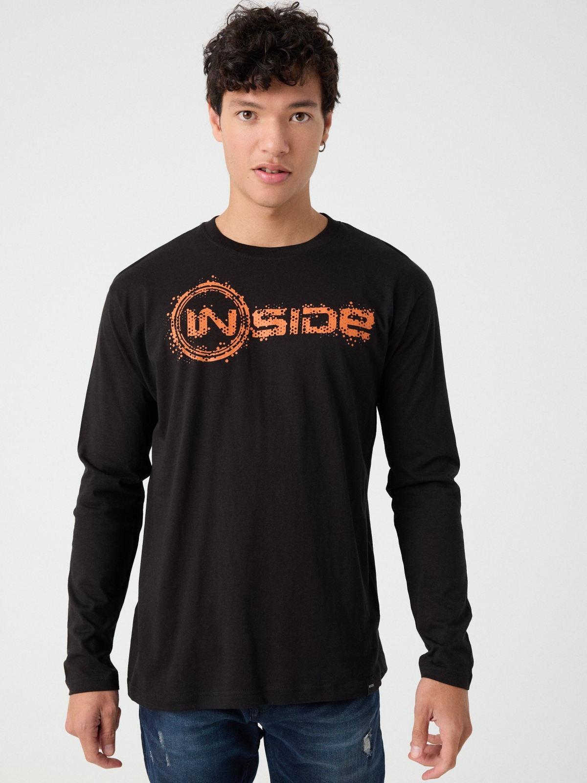 Inside print t-shirt black middle front view