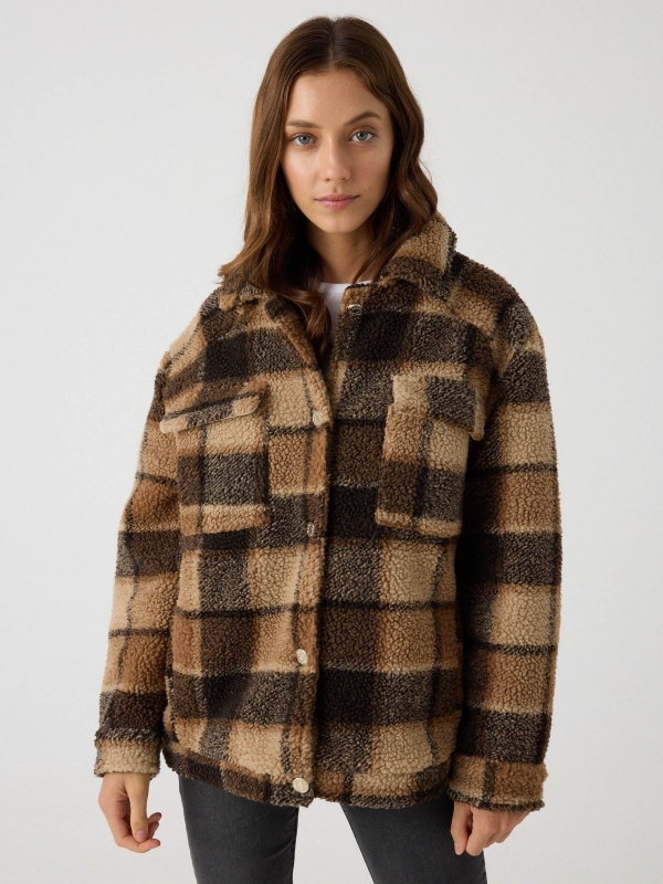 Fleece jacket plaid brown middle front view