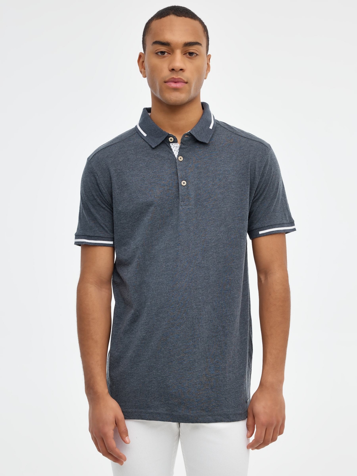 Dark gray casual polo shirt blue middle front view