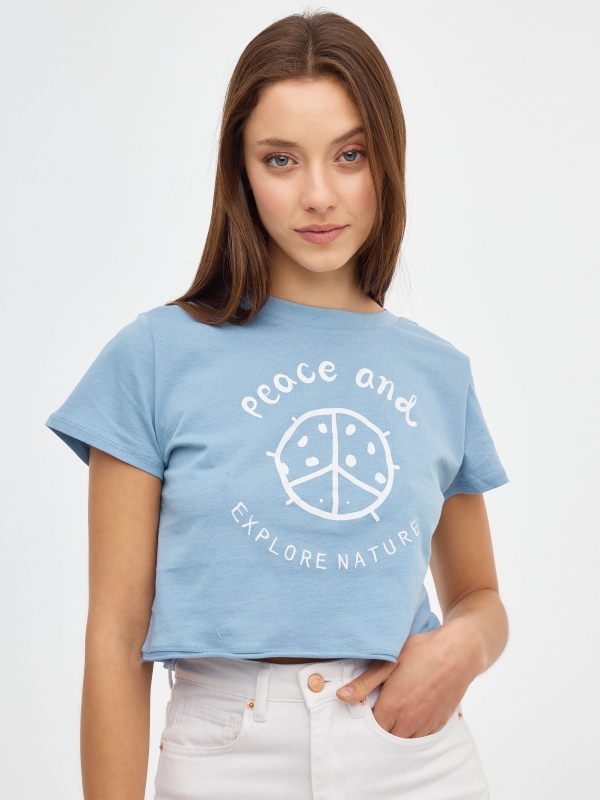 T-shirt da Paz azul aço vista meia frontal