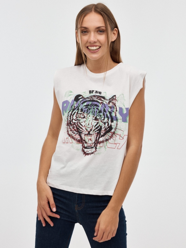 Sleeveless tiger t-shirt off white middle front view