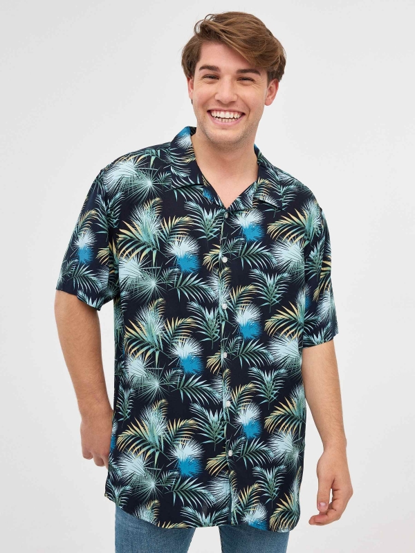 Black leaf print shirt navy middle front view