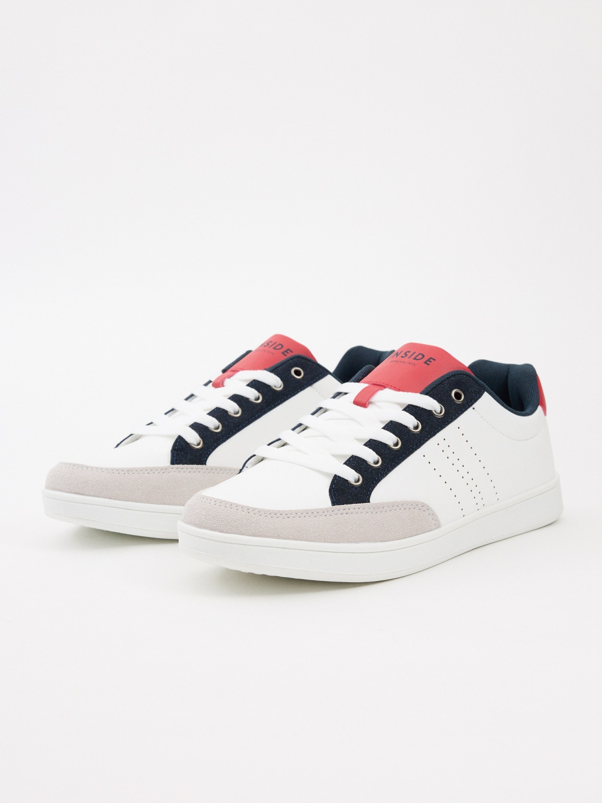 Combined leather effect casual sneakers white 45º front view