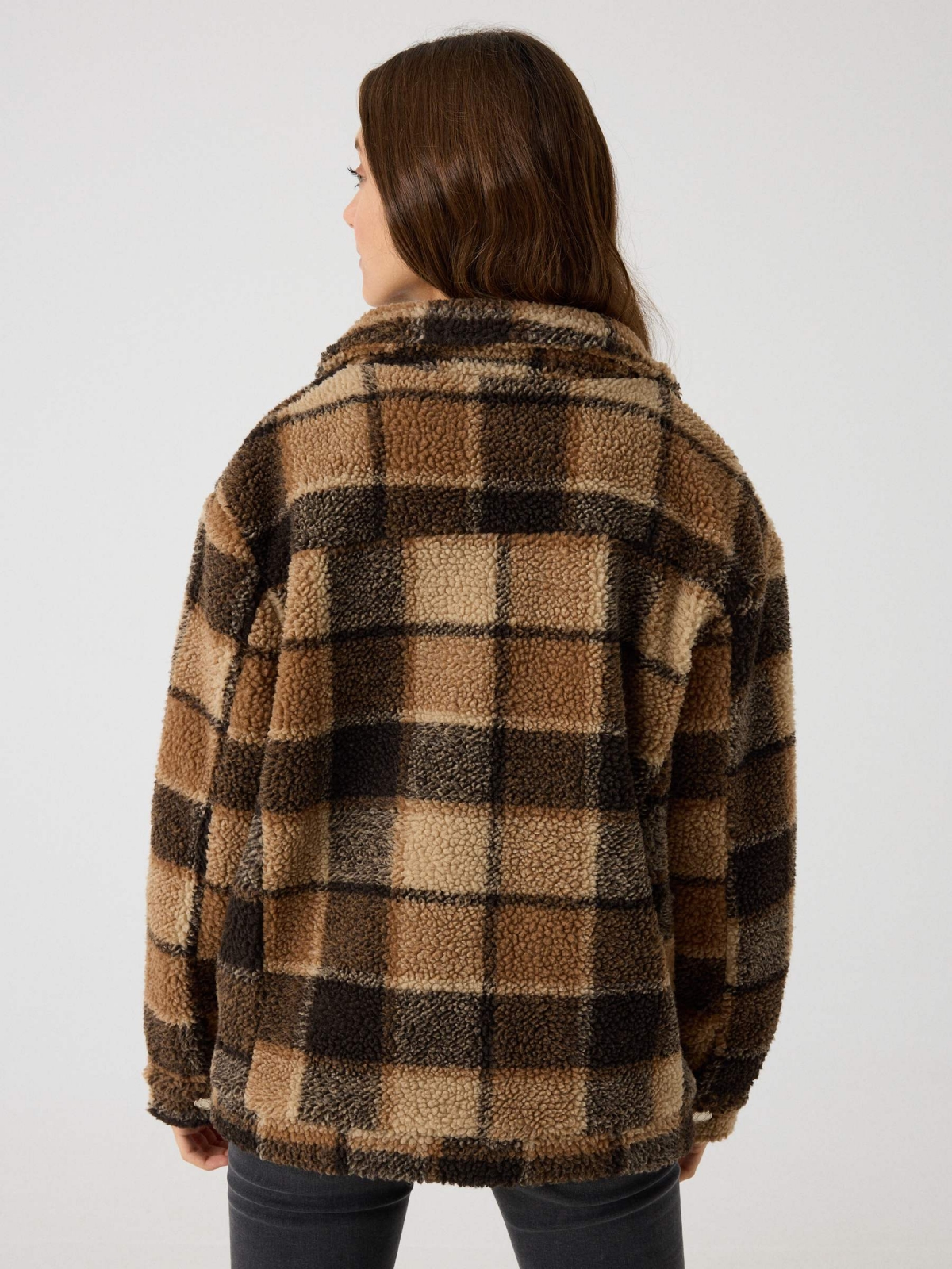 Fleece jacket plaid brown middle back view