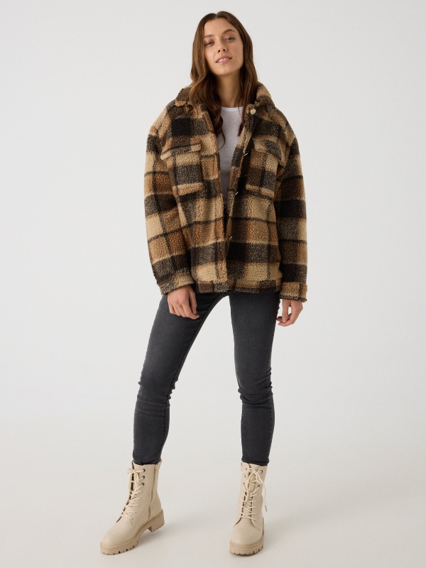 Fleece jacket plaid brown front view