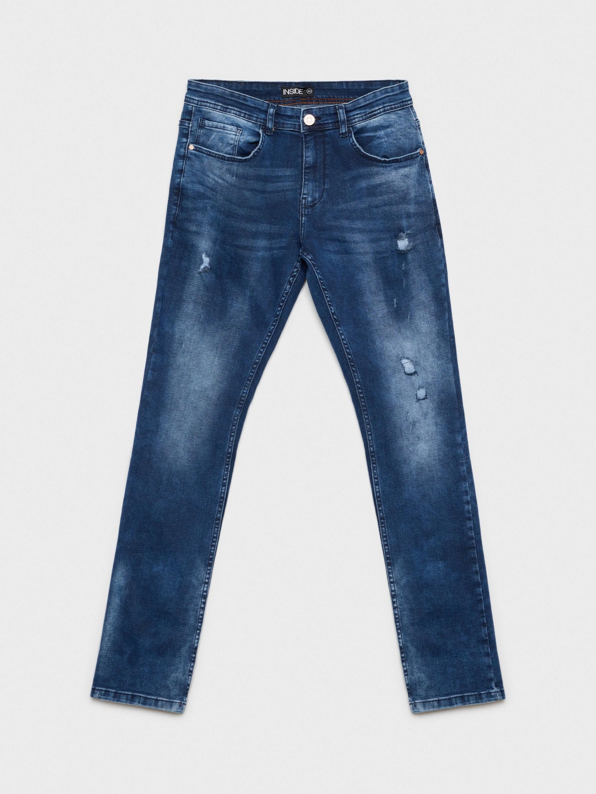  Jeans slim desgastado com rasgos azul marinho