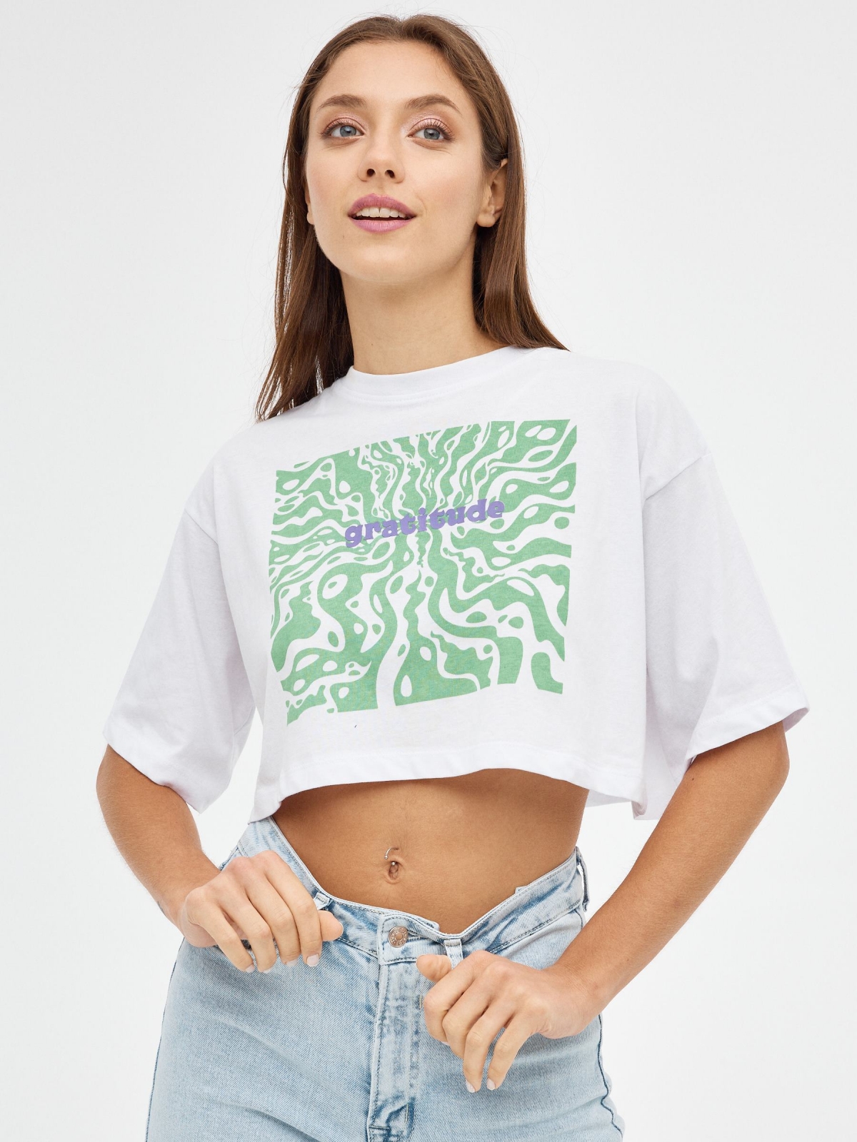 Gratitude crop top white middle front view