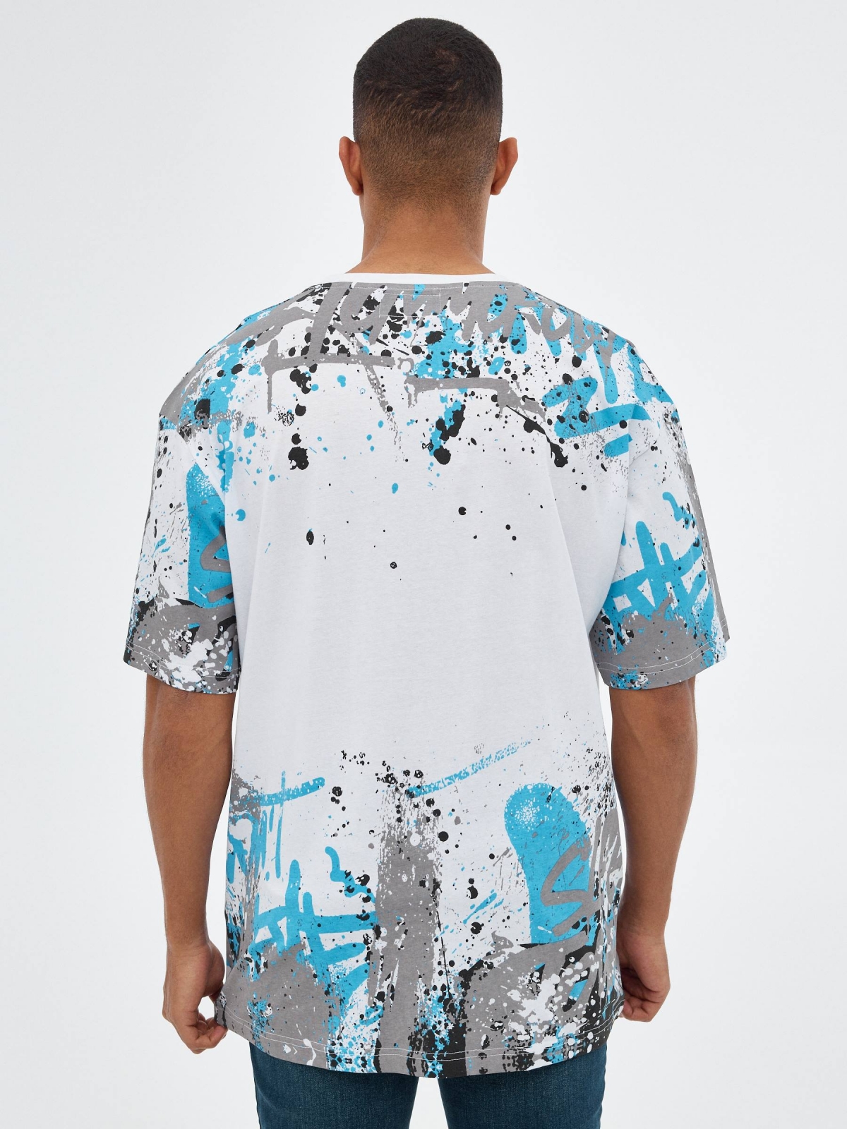 White t-shirt with graffiti print white middle back view