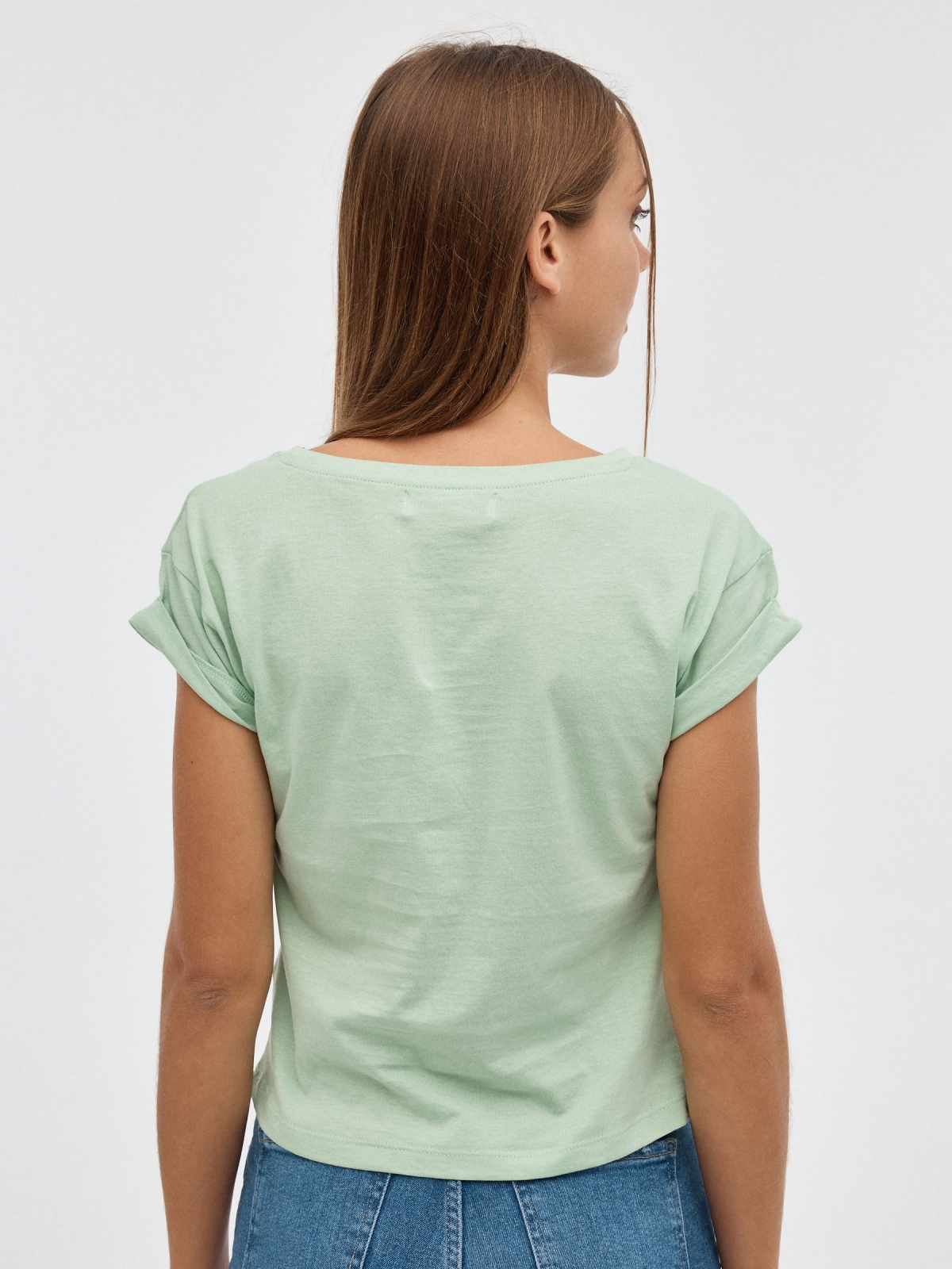 White T-shirt with print light green middle back view