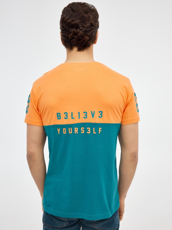 Camiseta color block con texto salmón vista media trasera