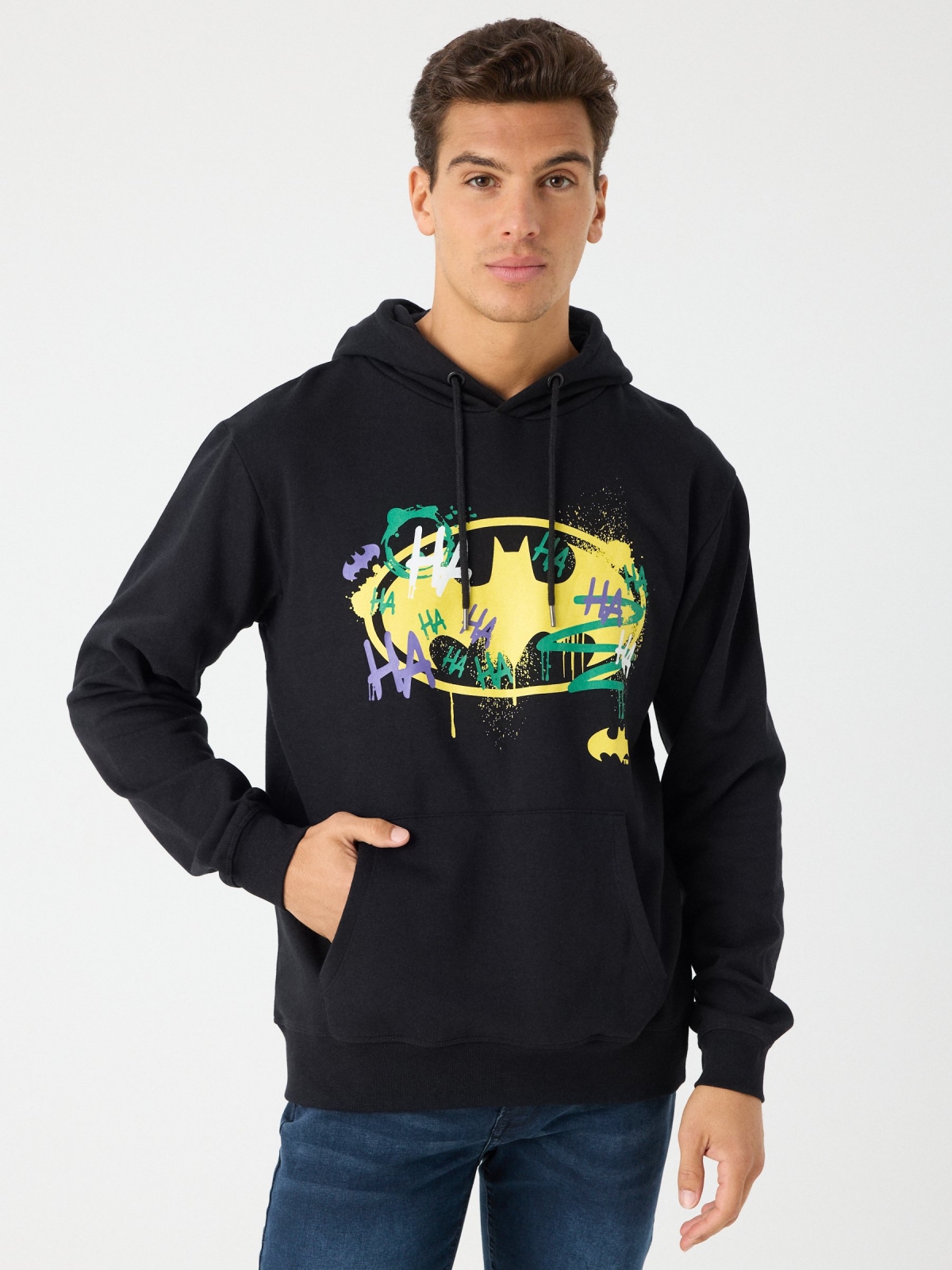 Batman print hoodie black middle front view