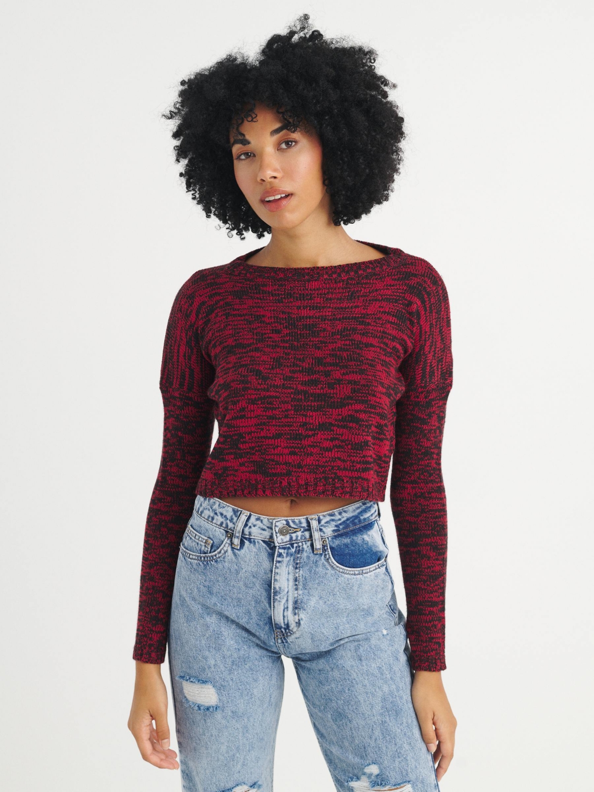 Heather cropped sweater red middle front view