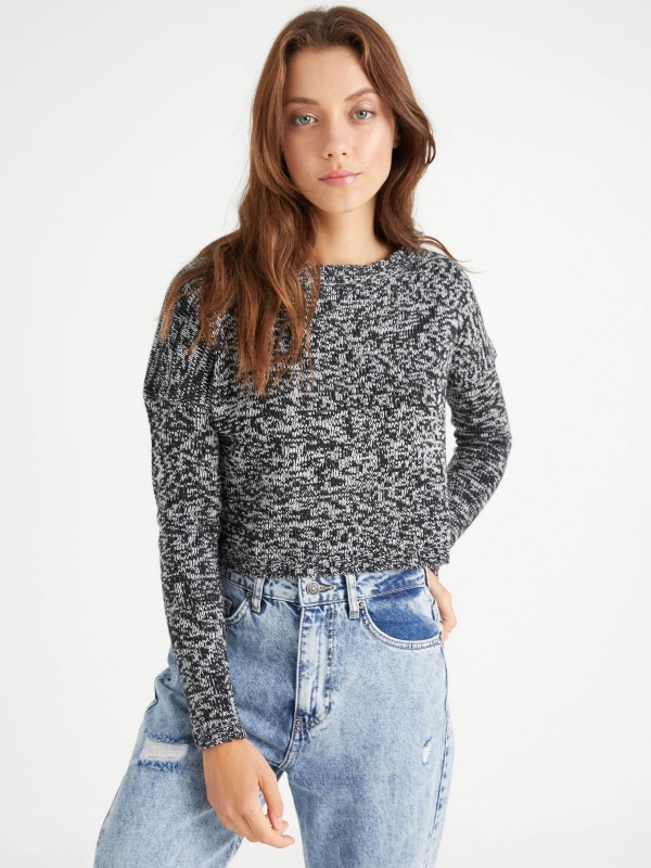 Heather cropped sweater black middle front view