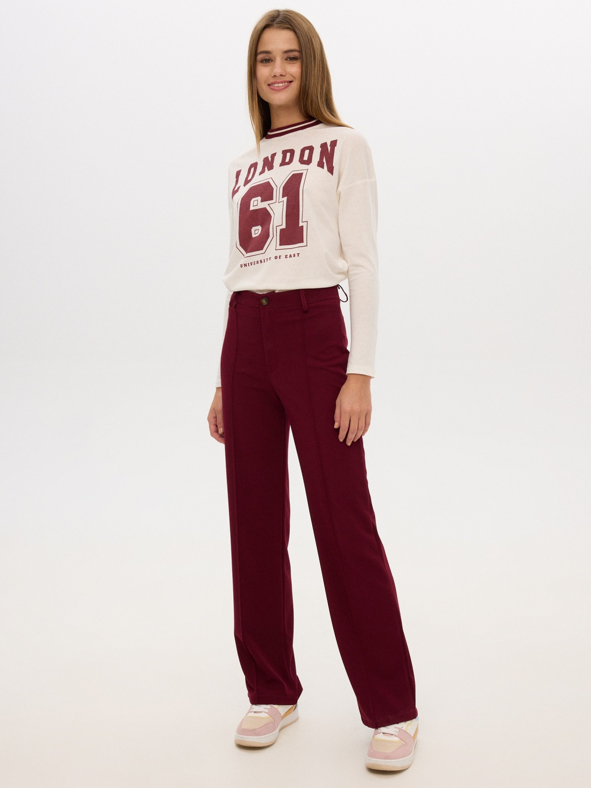 Fluid wide leg pants burgundy front view