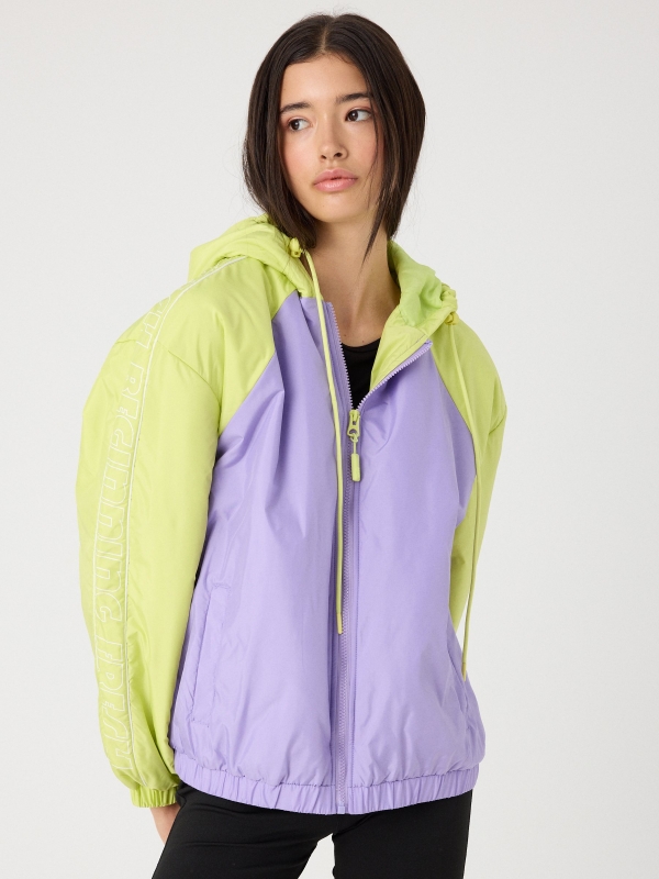 Hooded text padded jacket lilac middle front view