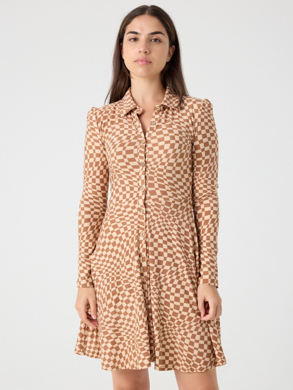 Checkerboard print shirt dress brown middle front view