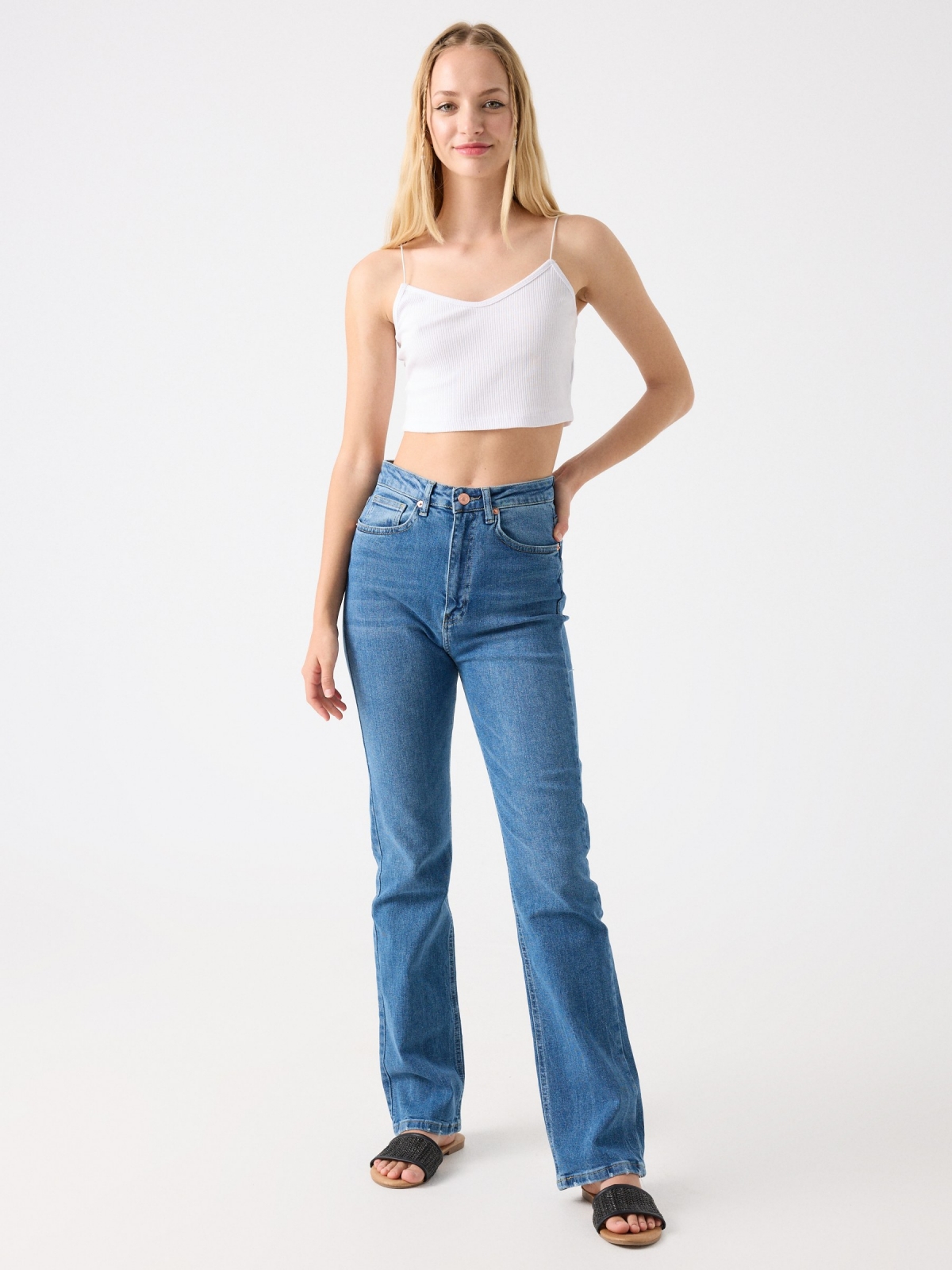High waist straight slim jeans blue front view