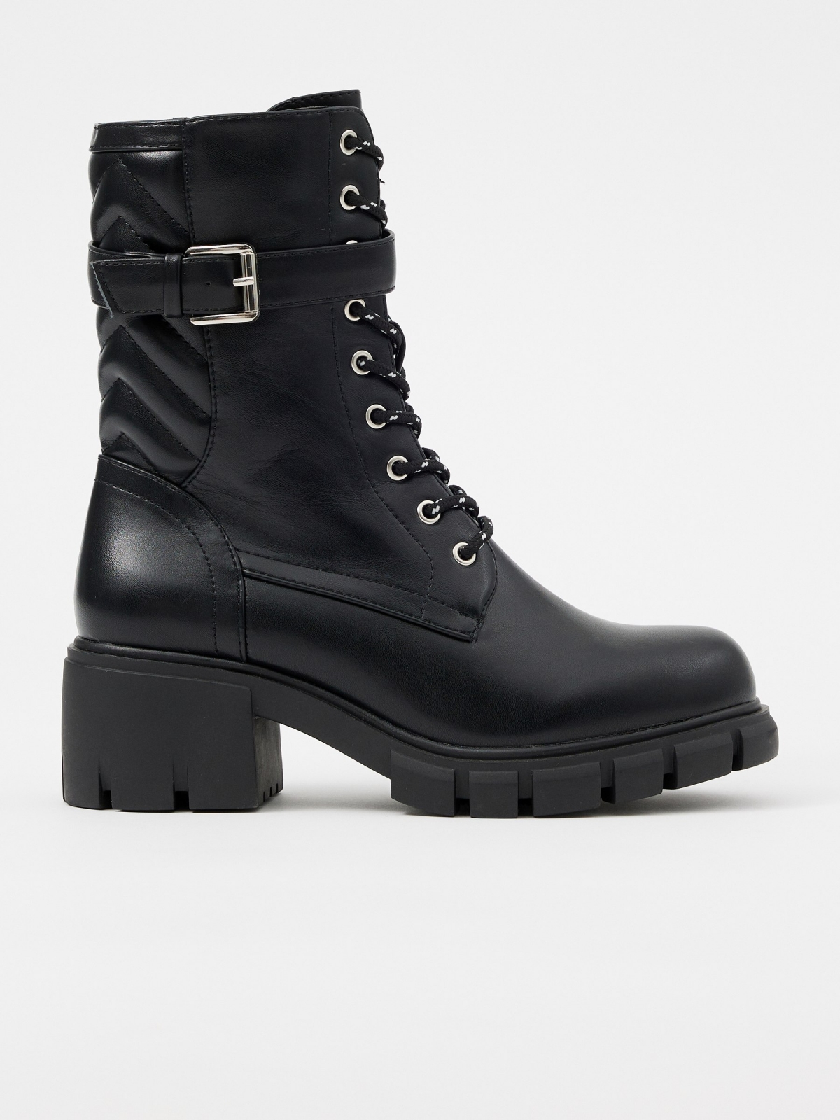 Buckle track sole ankle boot black