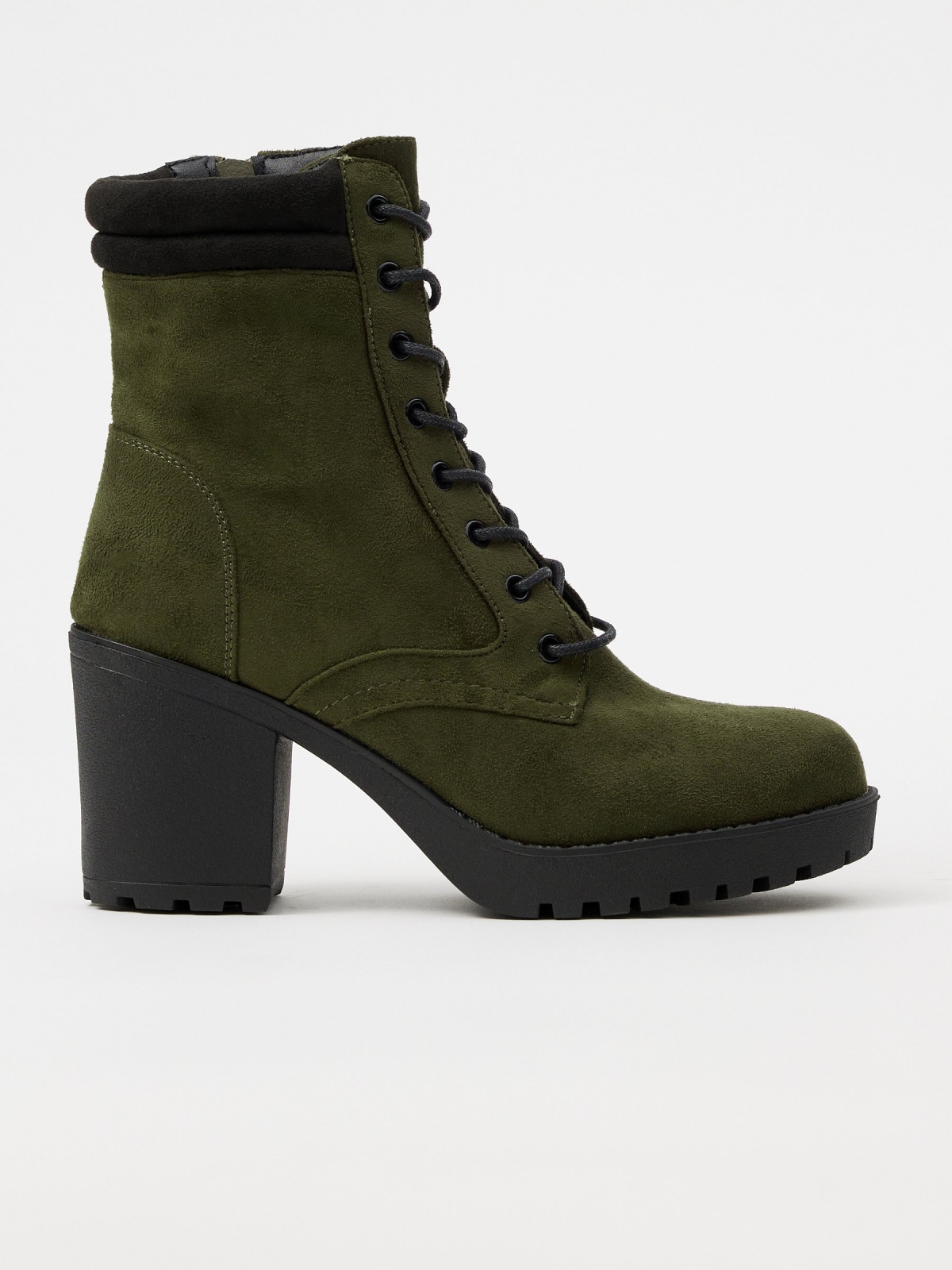 Green leather effect ankle boot with laces khaki