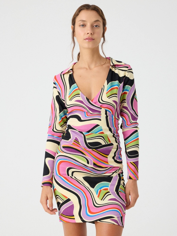 Psychedelic print gather dress multicolor middle front view