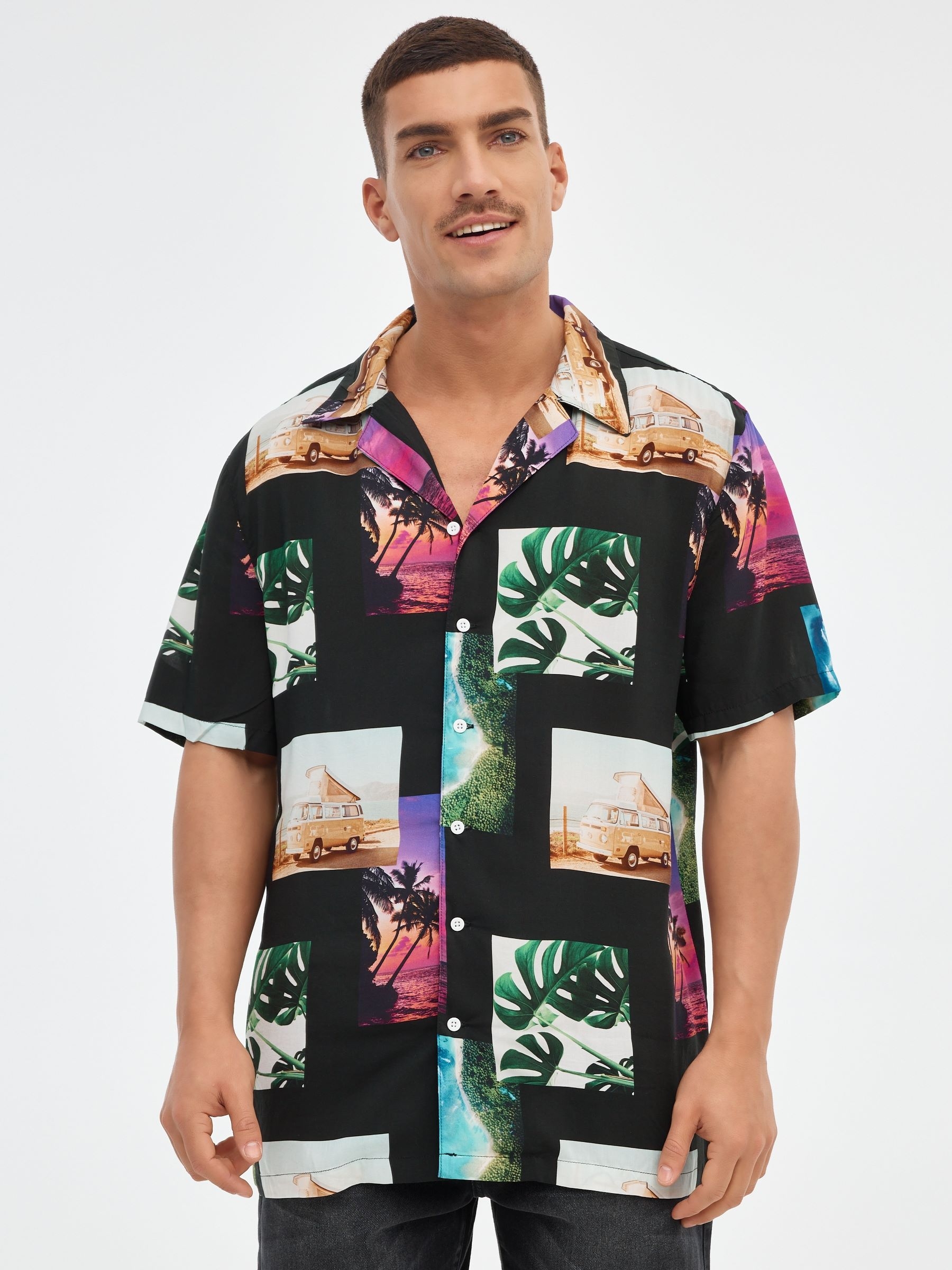 Collage print shirt black middle front view