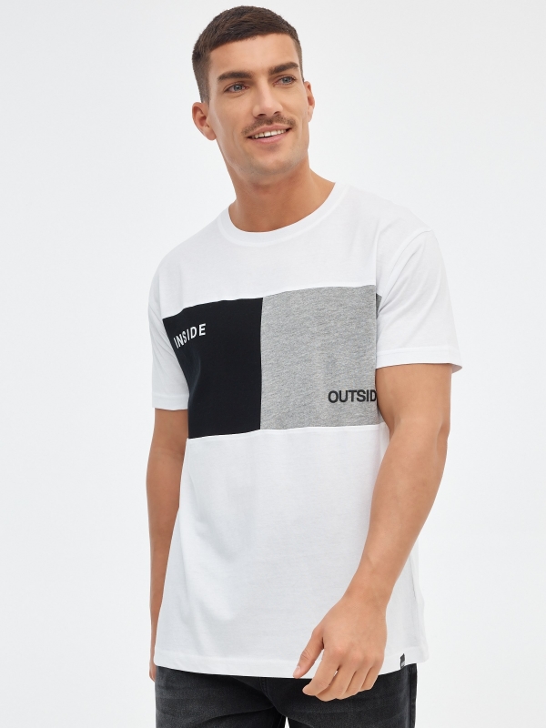 T-shirt de bloco de cor exterior branco vista meia frontal