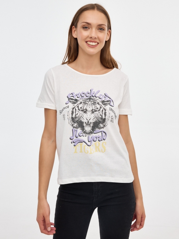 Camiseta grafico Tigers blanco roto vista media frontal
