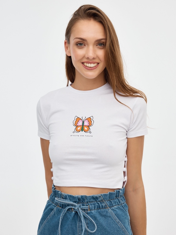 Butterfly graphic crop top white middle front view