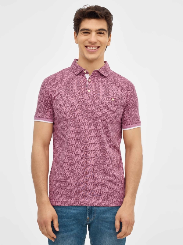 Red geometric print polo shirt purple middle front view