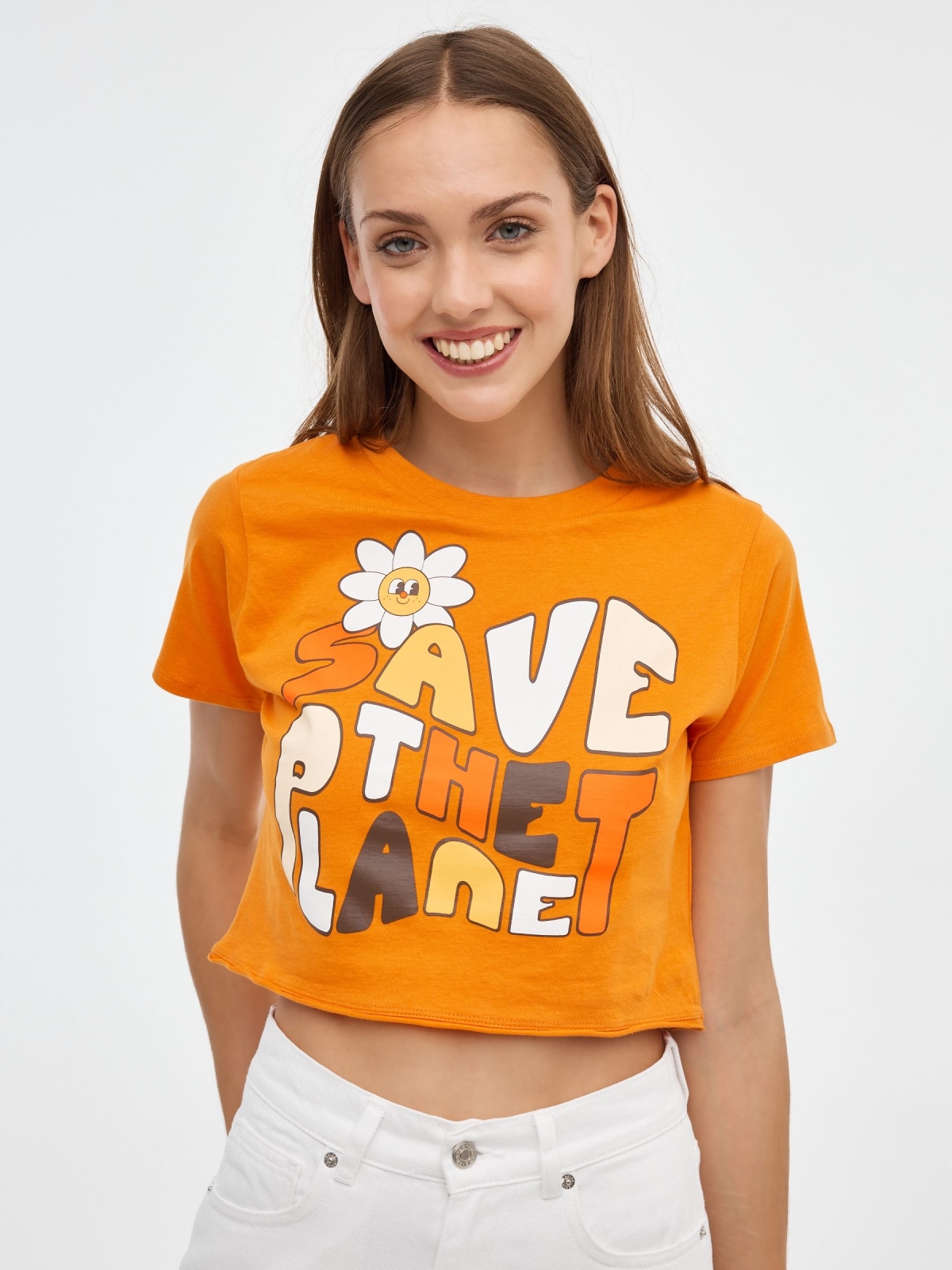 T-shirt Save the Planet laranja vista meia frontal