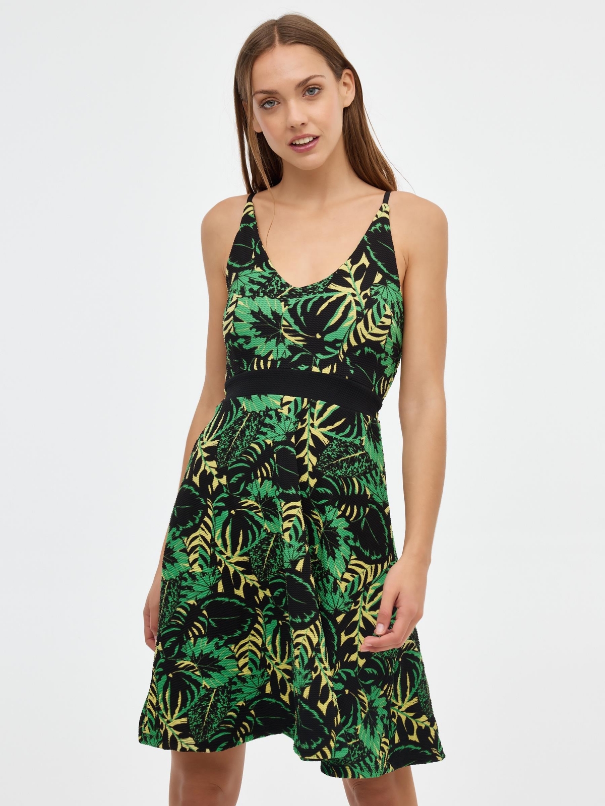 Green flowers mini dress multicolor middle front view