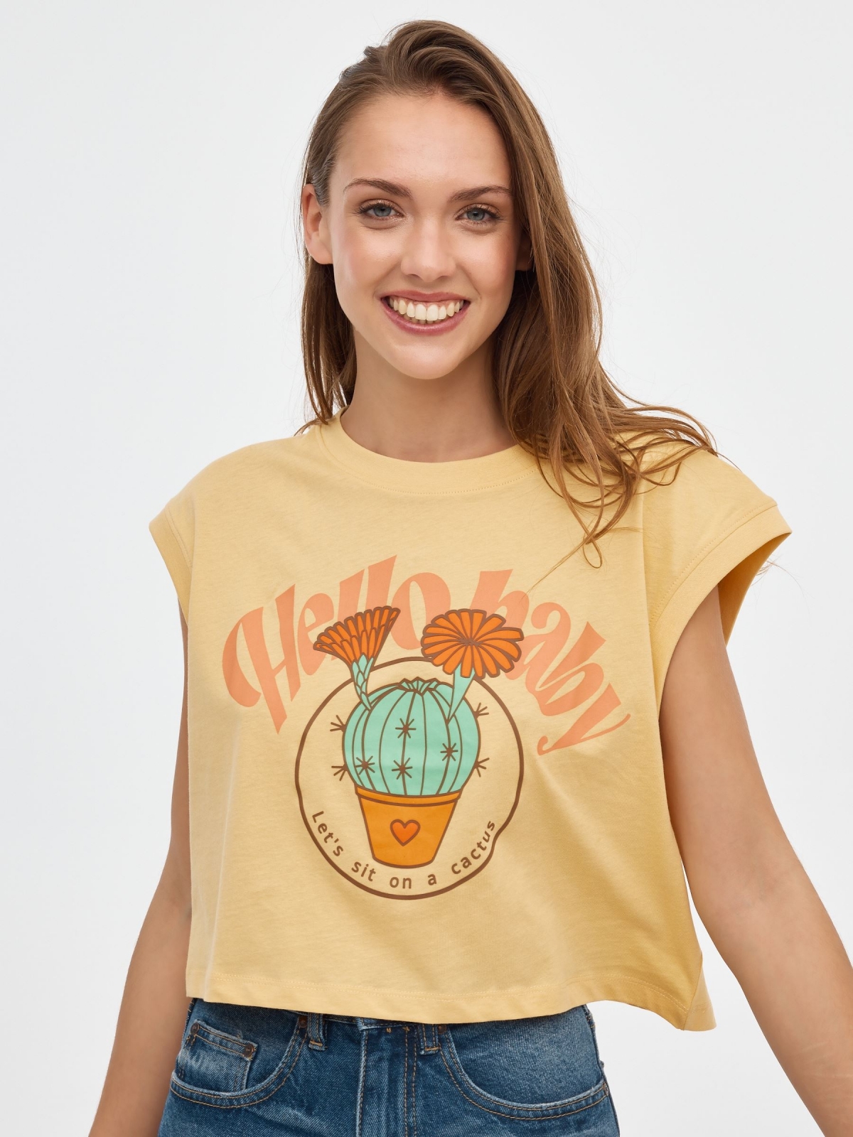 Camiseta crop cactus amarillo claro vista media frontal