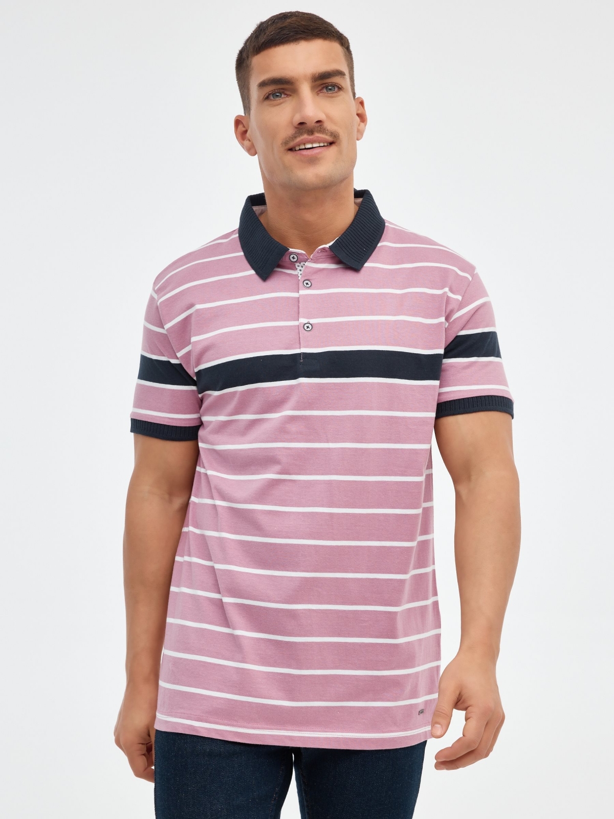 Contrast striped polo shirt purple middle front view
