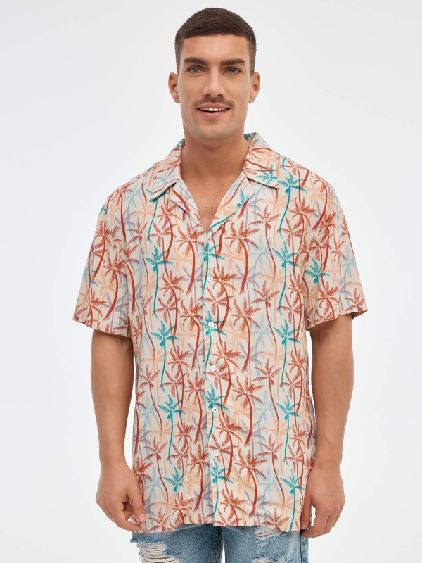 Multicolor palm print shirt off white middle front view