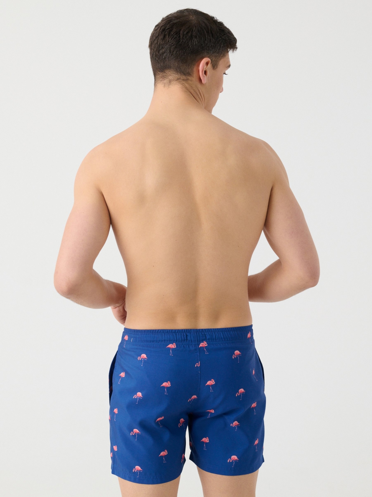 Flamingos print swimsuit ducat blue middle back view