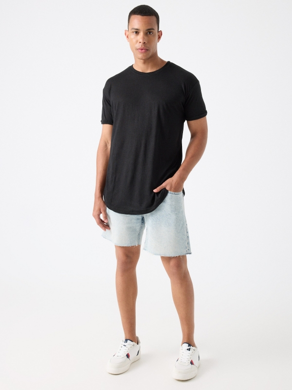 Frayed hem denim Bermuda shorts light blue front view