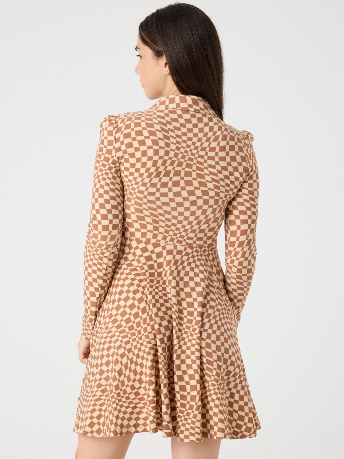 Checkerboard print shirt dress brown middle back view